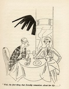 "No, první věc, kterou si Dorothy pamatuje ze svého života...", ilustrace z knihy "But Gentlemen Marry Brunettes" od Anity Loos, vydané v roce 1928.